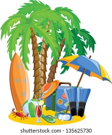 Travel icons, palm, ball, lounge, umbrella, flip-flops, flippers and suitcase