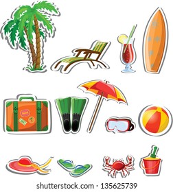 Travel icons, palm, ball, lounge, umbrella, flip-flops, flippers and suitcase