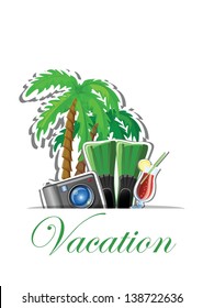 Travel icons, palm, ball, lounge, umbrella, flip-flops, flippers and suitcase