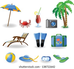 Travel icons, palm, ball, lounge, umbrella, flip-flops, flippers and suitcase