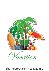 Travel icons, palm, ball, lounge, umbrella, flip-flops, flippers and suitcase
