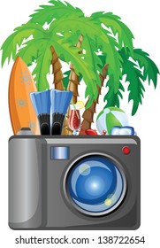 Travel icons, palm, ball, lounge, flippers and camera