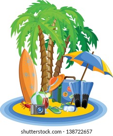 Travel icons, palm, ball, lounge, umbrella, flip-flops, flippers and suitcase