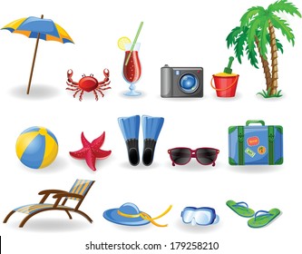 Travel icons, palm, ball, lounge, umbrella, flip-flops, flippers and suitcase 