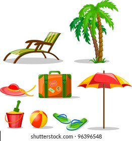 Travel icons, palm, ball, lounge, umbrella, bucket with a shovel, flip-flops and suitcase