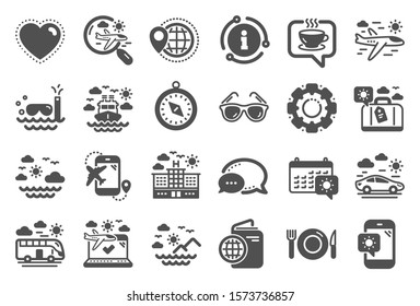 Travel icons. Passport, Luggage, Check in airport icons. Airplane flight, Sunglasses, Hotel building. Passport check in document, Sea diving. Restaurant hotel food, luggage travel. Quality set. Vector