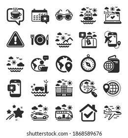 Travel icons. Passport, Luggage, Check in airport icons. Airplane flight, Sunglasses, Hotel building. Passport check in document, Sea diving. Restaurant hotel food, luggage travel. Vector