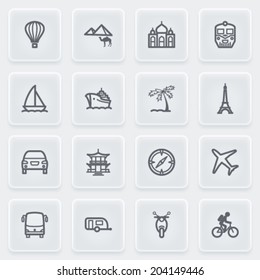 Travel icons with plastics buttons on gray background.