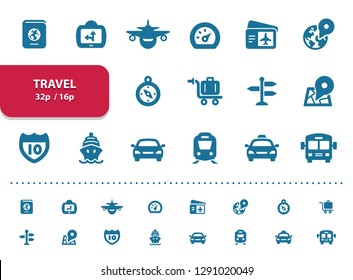 Travel Icons. Professional, pixel perfect icons, EPS 10 format, optimized for 32p and 16p (2x magnification for preview).
