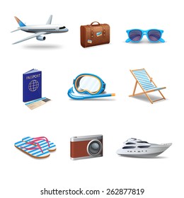 Travel icons realistic set with passport sunglasses snorkeling mask isolated vector illustration