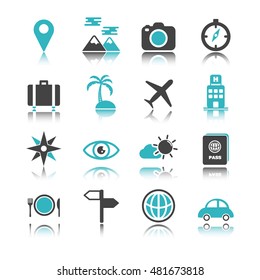 travel icons with reflection isolated on white background