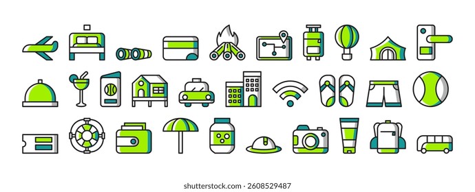 Travel Icons Representing Vacation Adventure Activities Including Airplane, Hotel, Nature Exploration and Camping