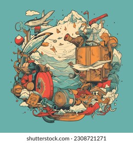 Travel icons retro colors illustration