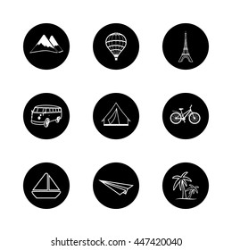 travel icons round black white hand painted vector