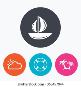 Travel icons. Sail boat with lifebuoy symbols. Cloud with sun weather sign. Palm tree. Circle flat buttons with icon.
