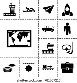 Travel icons. set of 13 editable filled travel icons such as airport, man with case, world map, luggage scan, snorkel, paper plane, inflatable pool and umbrella, case