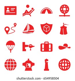 Travel icons set. set of 16 travel filled icons such as passport, jetway, lighthouse, distance, cargo insurance, luggage compartment in airplane, luggage