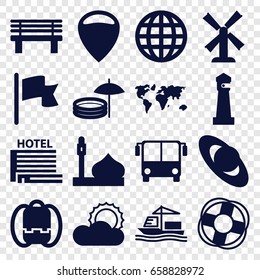 Travel icons set. set of 16 travel filled icons such as airport bus, mosque, lighthouse, mill, bench, cargo ship, sun, flag, hotel, inflatable pool and umbrella, lifebuoy