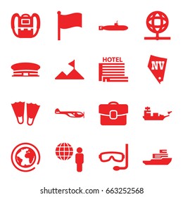 Travel icons set. set of 16 travel filled icons such as  backpack, vegas, mountain, case, hotel, aqualung, boat, globe, water military, submarine