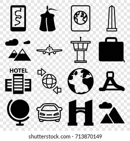 Travel icons set. set of 16 travel filled and outline icons such as globe, bridge, case, waterslide, mountain, hotel, tent, plane, airport tower, monument, car