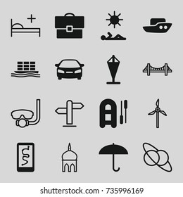 Travel icons set. set of 16 travel filled and outline icons such as boat, car, cargo ship, man laying in sun, case, flag, mosque, bridge, medical bed, direction, mill
