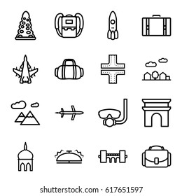 Travel icons set. set of 16 travel outline icons such as mosque, bridge, Arc de Triomphe, tunnel, road, backpack, camera case, city landscape, bell, mountain, suitcase, plane