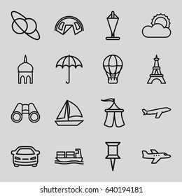 Travel icons set. set of 16 travel outline icons such as umbrella, mosque, eiffel tower, plane, pin, car, cargo ship, binoculars, sun, tent, sailboat, flag