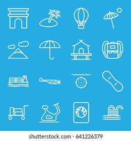 Travel icons set. set of 16 travel outline icons such as luggage, helicopter, arc de triomphe, backpack, exercise bike, cargo ship, air balloon, umbrella, pool ladder, tent