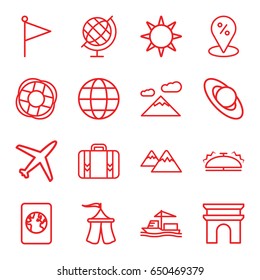 Travel icons set. set of 16 travel outline icons such as arc de triomphe, cargo ship, luggage, tent, mountain, bell, globe, hotel, passport, lifebuoy, plane, sale location