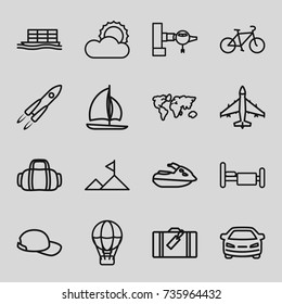 Travel icons set. set of 16 travel outline icons such as luggage, jetway, car, bed, cargo ship, sun, mountain, baseball cap, bicycle, plane, sport bag, sailboat, jet ski