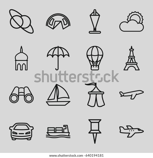 Travel icons set. set of 16 travel outline\
icons such as umbrella, mosque, eiffel tower, plane, pin, car,\
cargo ship, binoculars, sun, tent, sailboat,\
flag
