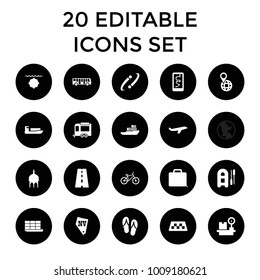 Travel icons. set of 20 editable filled travel icons such as taxi, airport bus, mosque, plane, vegas, ship, inflatable boat. best quality travel elements in trendy style.