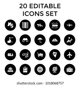 Travel icons. set of 20 editable filled travel icons such as plane, luggage belt, globe, binoculars with dollar sign, binoculars. best quality travel elements in trendy style.