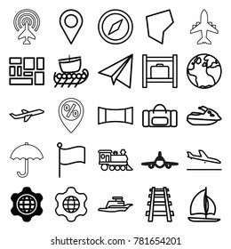 Travel icons. set of 25 editable outline travel icons such as globe in gear, plane landing, globe, luggage storage, paper airplane, location, compass, sport bag, locomotive