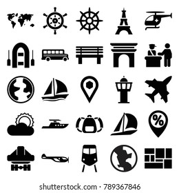 Travel icons. set of 25 editable filled travel icons such as pass control, train, helicopter, eiffel tower, world map, sailboat, bench, helm, cargo plane back view, lugagge