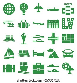 Travel icons set. set of 25 travel filled icons such as helicopter, arrival table, road, vegas, slippers, plane, car, bed, globe and plane, cargo ship, lugagge, mountain