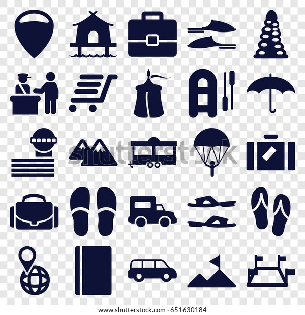 Travel icons set. set of\
25 travel filled icons such as luggage, pass control, passport,\
tunnel, airport tower, slippers, trailer, pin on globe, luggage\
cart, camera case