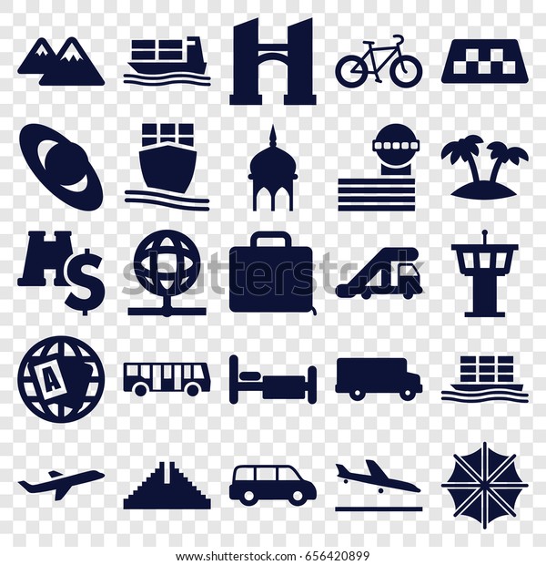 Travel icons set.\
set of 25 travel filled icons such as taxi, plane landing, airport\
bus, truck crane, mosque, chichen itza, airport tower, bridge,\
globe, bed, cargo ship