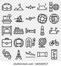 Travel icons set. set of 25 travel outline icons such as plane landing, bed, plane, luggage storage, coliseum, eiffel tower, globe, qround the globe, lugagge weight, case