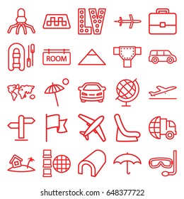 Travel icons set. set of 25 travel outline icons such as taxi, plane taking off, pyramid, tunnel, road, baby seat in car, vegas, car, room tag, umbrella, home on island, globe