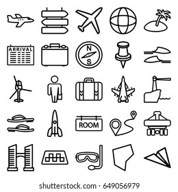Travel icons set. set of 25 travel outline icons such as taxi, direction   isolated, arrival table, bridge, slippers, distance, cargo plane back view, pin, luggage, room tag