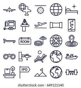 Travel icons set. set of 25 travel outline icons such as plane taking off, airport desk, globe, jetway, plane, bridge, map location, trailer, globe and plane, lugagge weight