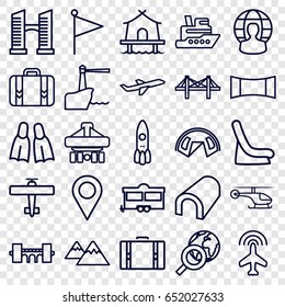 Travel icons set. set of 25 travel outline icons such as plane, tunnel, bridge, baby seat in car, trailer, cargo plane back view, luggage, panorama mode, mountain, user globe
