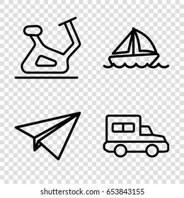 Travel icons set. set of 4 travel outline icons such as exercise bike, boat, truck