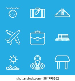 travel icons set. Set of 9 travel outline icons such as luggage, Chichen Itza, table, map location, cargo ship, case, man laying in sun, plane