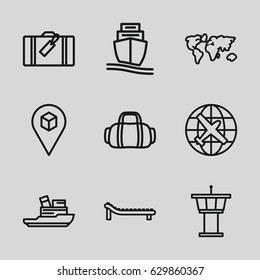 Travel icons set. set of 9 travel outline icons such as luggage, plane, airport tower, cargo ship, location, sunbed, boat, sport bag