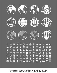 Travel icons set. Abstract world globe vector signs collection. 100 travel and vacation symbols 