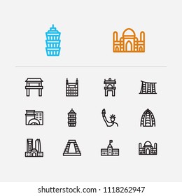 Travel icons set: abu dhabi, mexico, new york and skyscraper, building, dubAI set popular traveling cities with tall vector icon illustration for app web mobile UI logo desing.