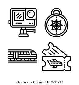 travel icons set = action camera, wind rose, railway, flight ticket. Perfect for website mobile app, app icons, presentation, illustration and any other projects