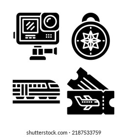 travel icons set = action camera, wind rose, railway, flight ticket. Perfect for website mobile app, app icons, presentation, illustration and any other projects